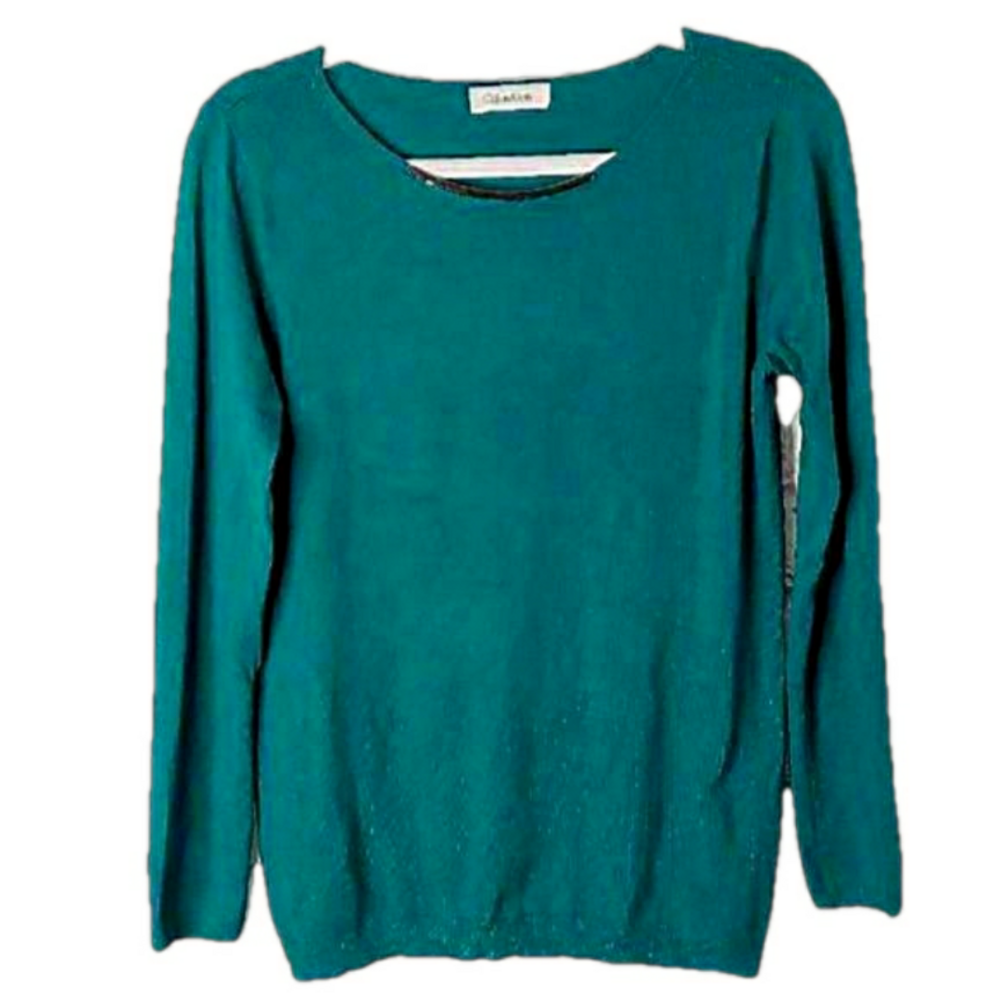 Calvin Klein Teal Green Sweater‎ Silver Bar Neckline Knit Scoop Neck Medium M
